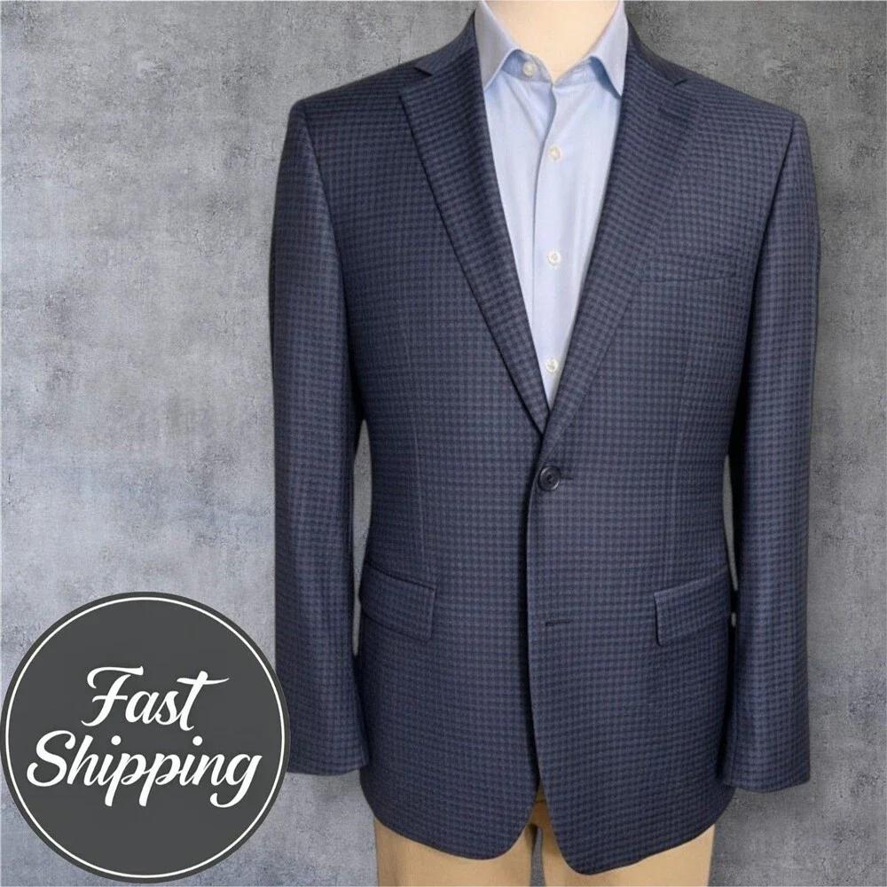 CALVIN KLEIN Mens Blazer 44R Sport Coat 2-Button Jacket Plaid Navy/Blue Wool